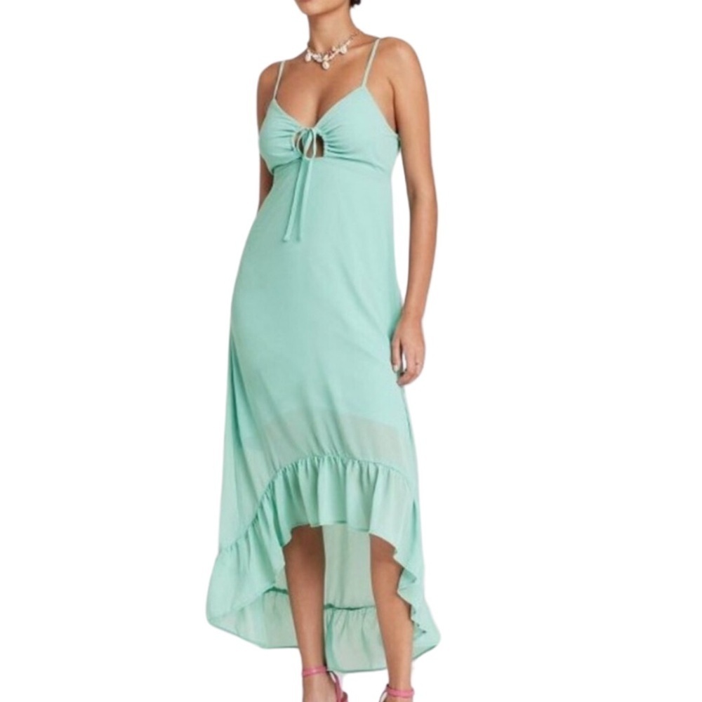 NWT Aqua‎ Blue Tie Front High Low Ruffle Maxi Dress Spaghetti Straps